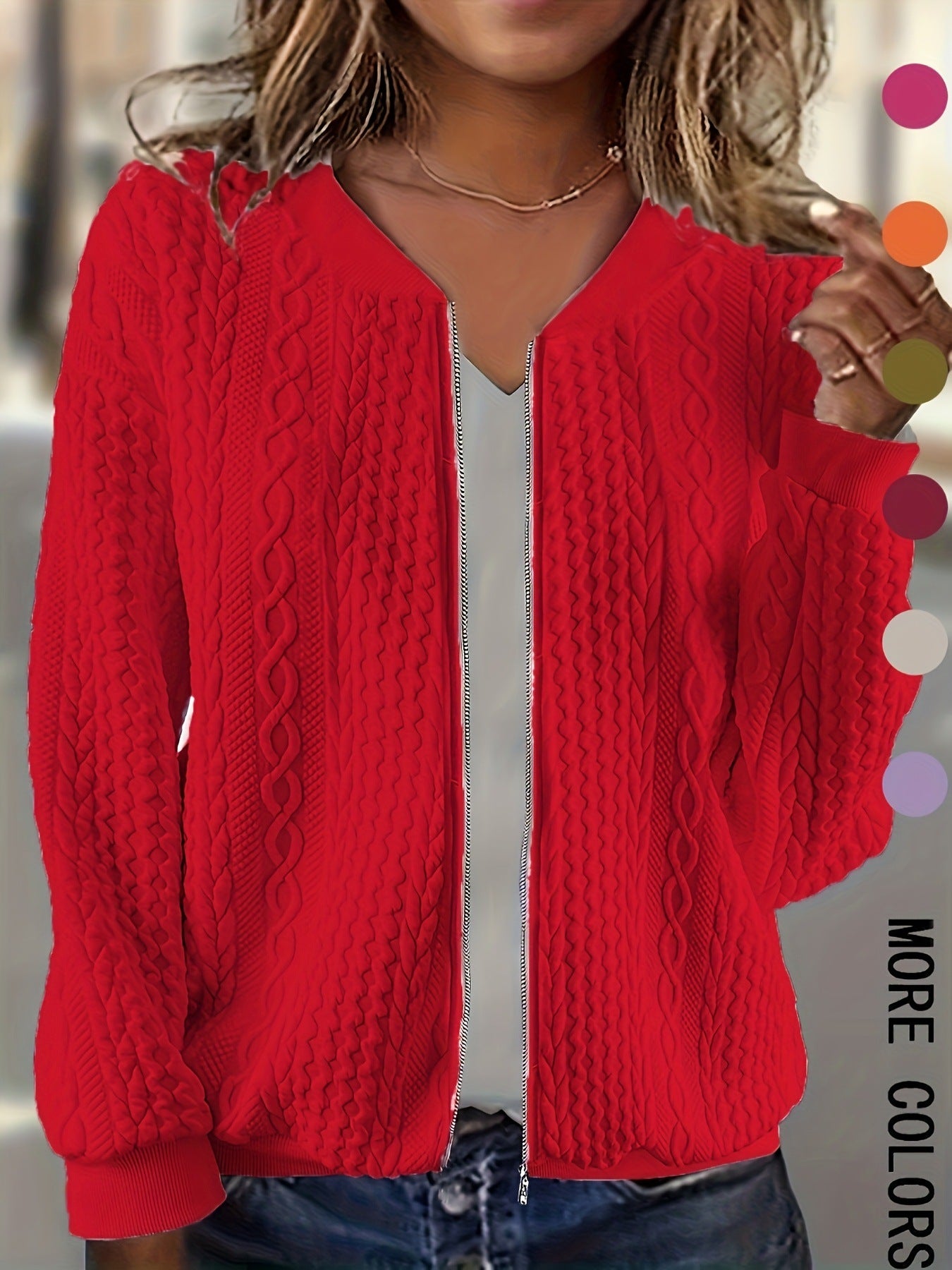 Womens Plus-size Zip-up Cable-knit Long-sleeve Jacket