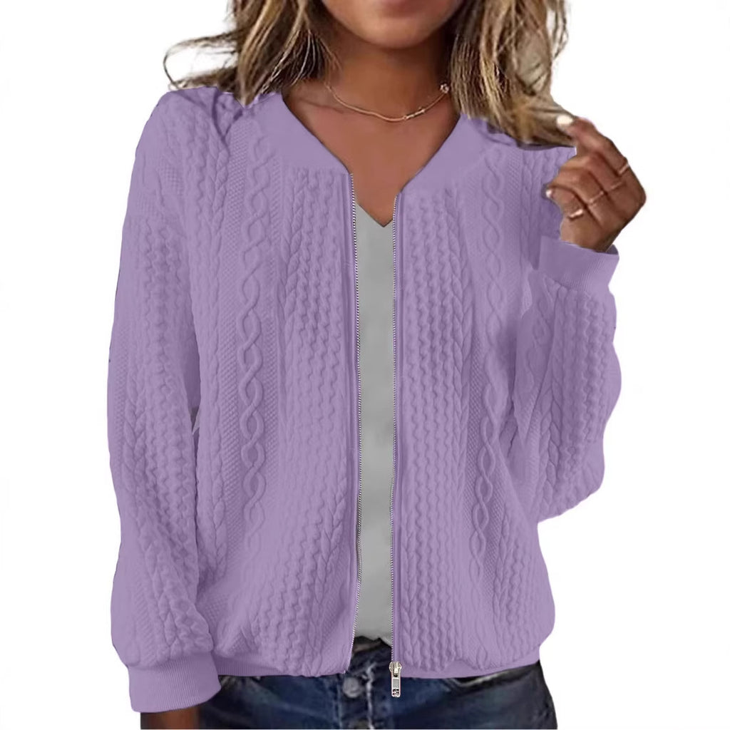 Womens Plus-size Zip-up Cable-knit Long-sleeve Jacket