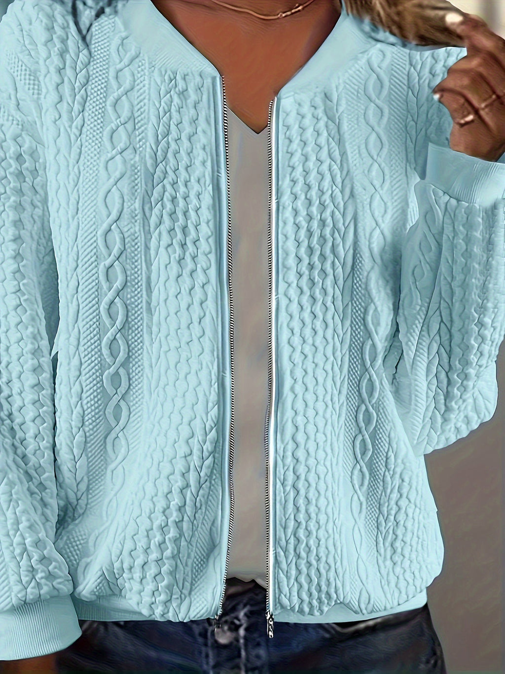Womens Plus-size Zip-up Cable-knit Long-sleeve Jacket