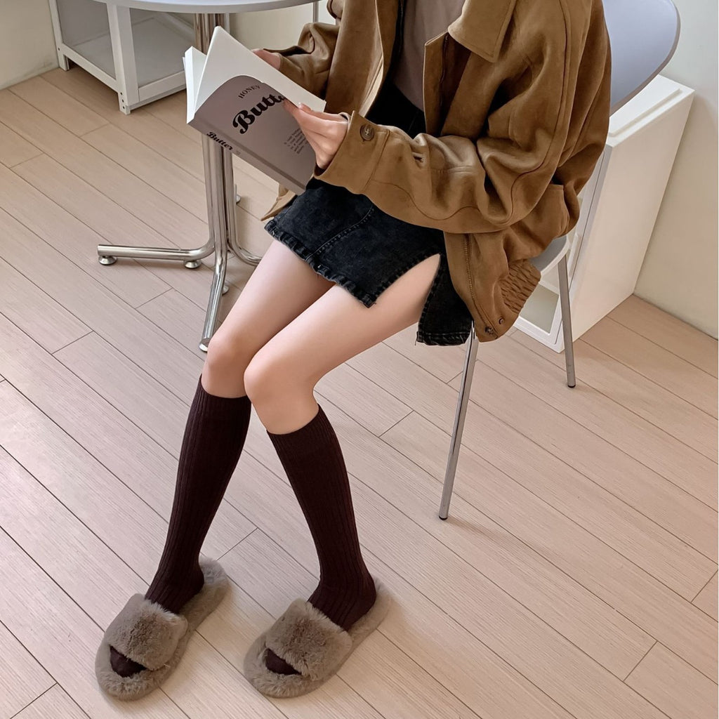 Solid-color Vertical-striped JK-style Long Socks for Women