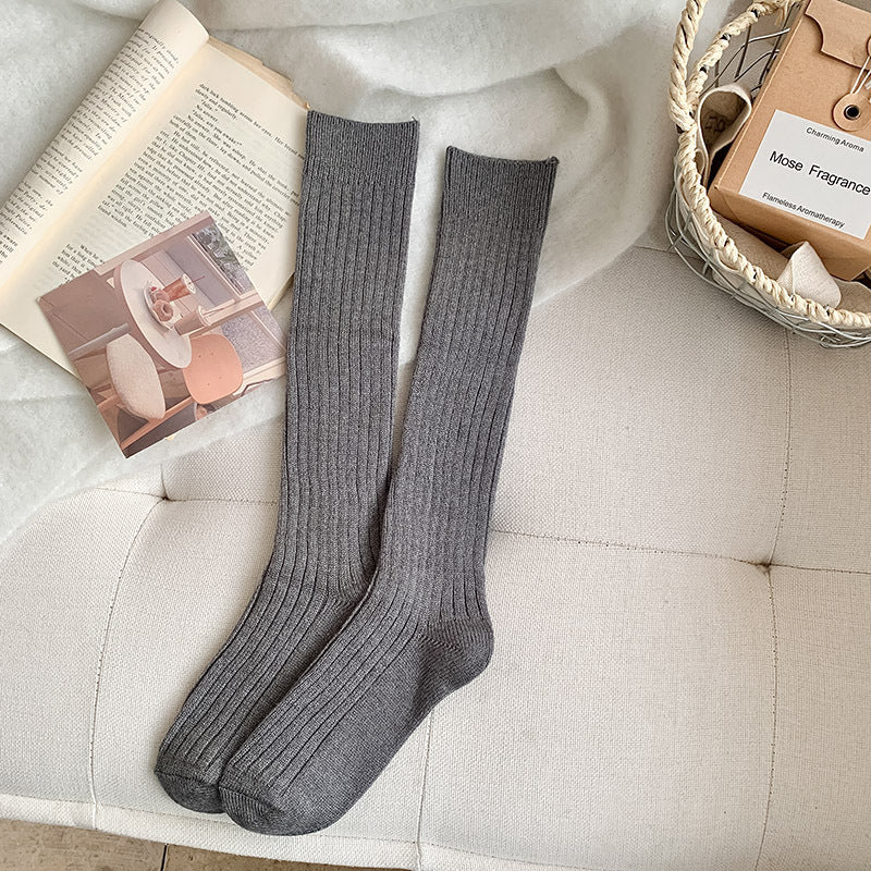 Solid-color Vertical-striped JK-style Long Socks for Women