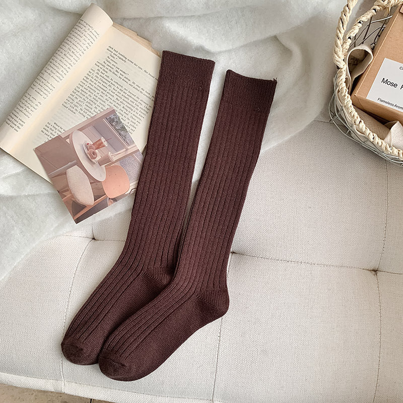 Solid-color Vertical-striped JK-style Long Socks for Women