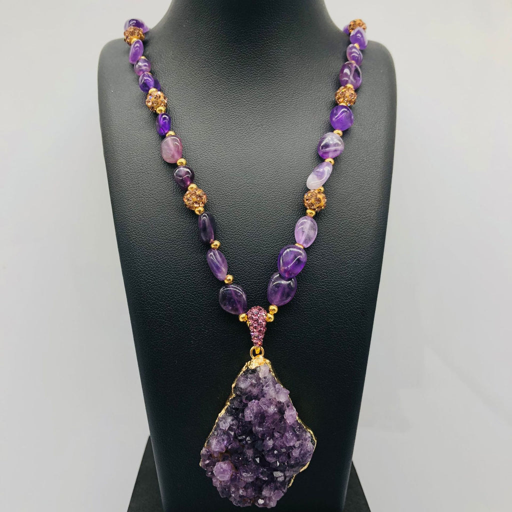 Natural Purple Mineral Crystal Pendant Necklace - Unique Irregular Shape