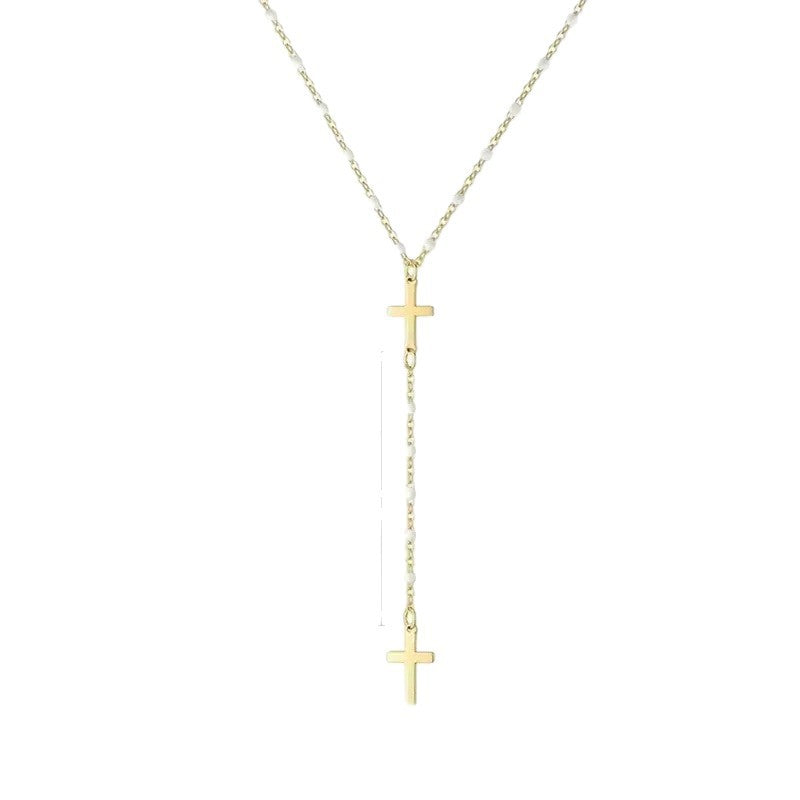 Versatile Pearl Chain Y-Shaped Cross Tassel Necklace
