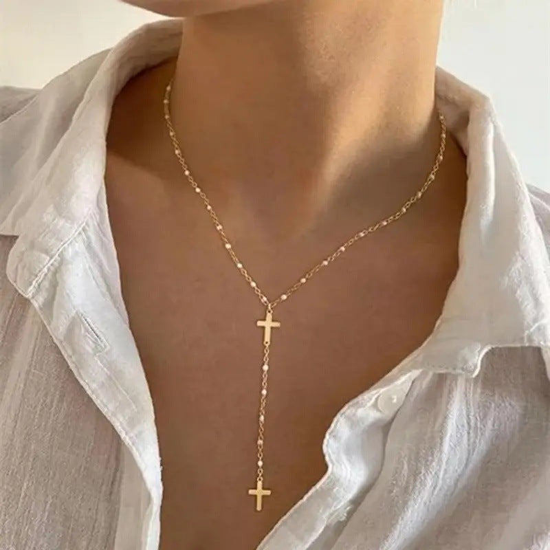 Versatile Pearl Chain Y-Shaped Cross Tassel Necklace