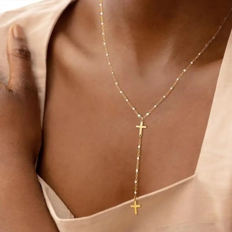 Versatile Pearl Chain Y-Shaped Cross Tassel Necklace