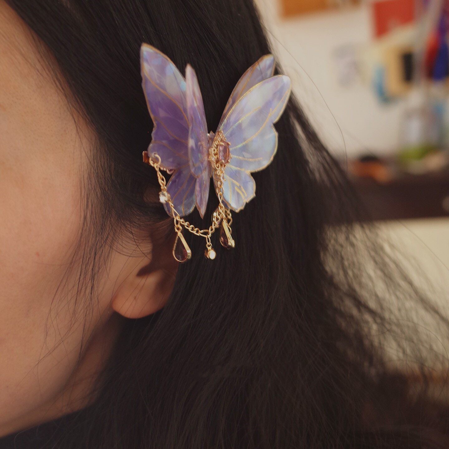 Retro Tassel-decorated Laser-effect Purple Butterfly Hair Clip