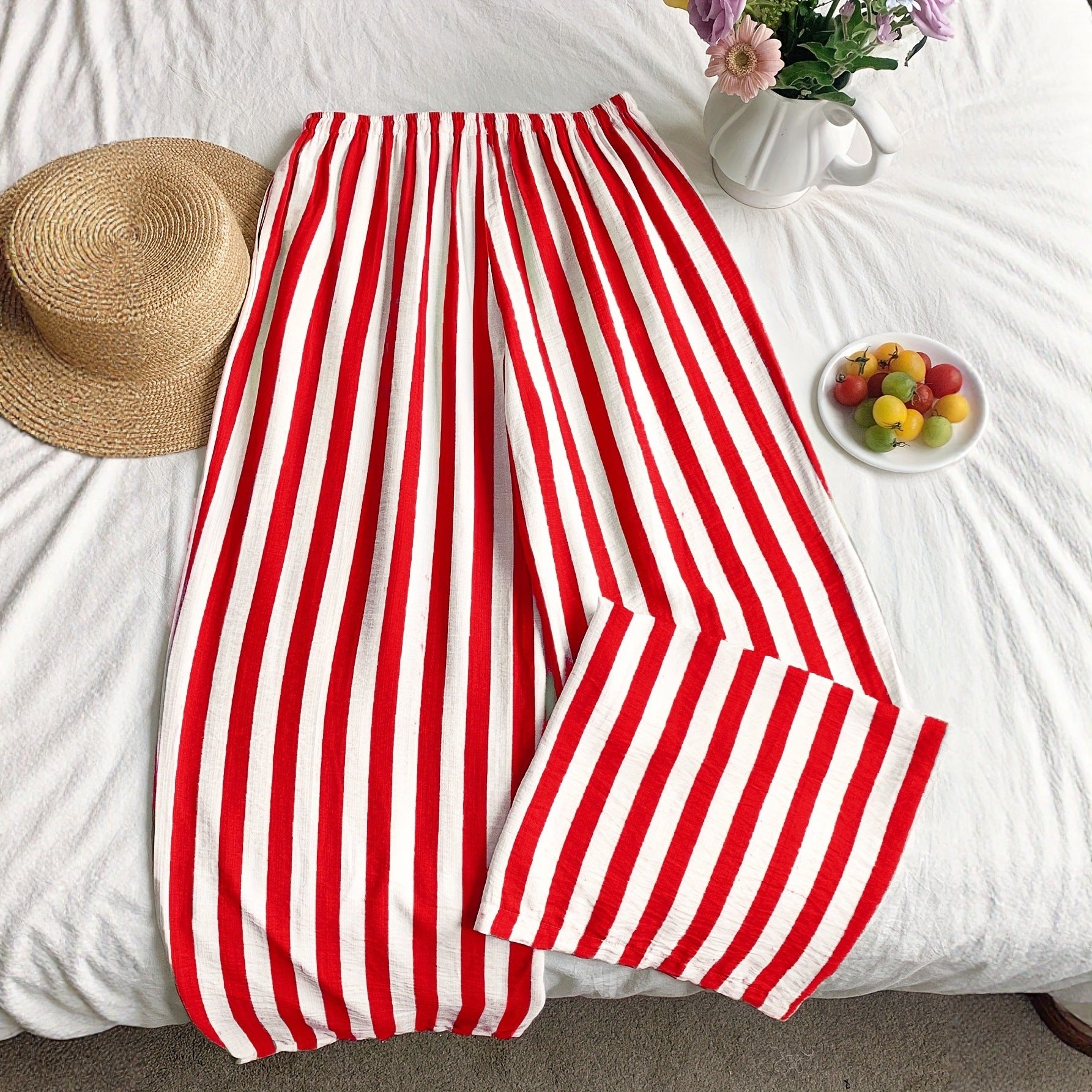Red and White Striped Wide-Leg Pants for Casual Wear
