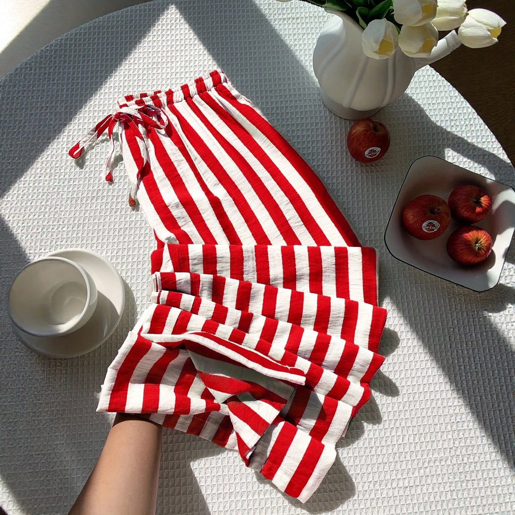 Red and White Striped Wide-Leg Pants for Casual Wear