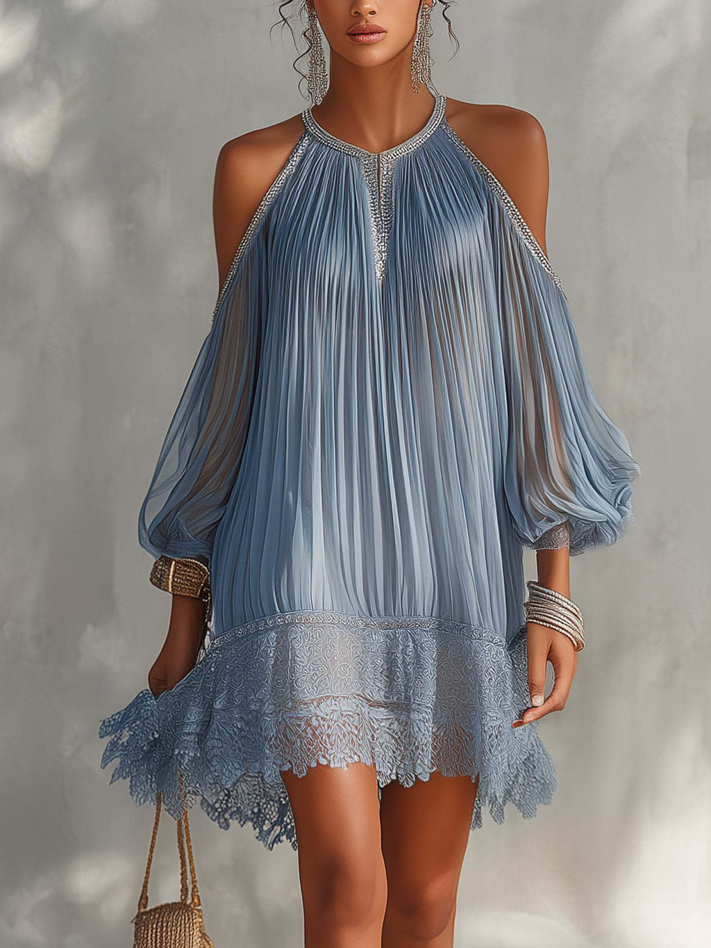 Loose-fit Puff-sleeved Lace-trimmed Resort Beach Mini Dress