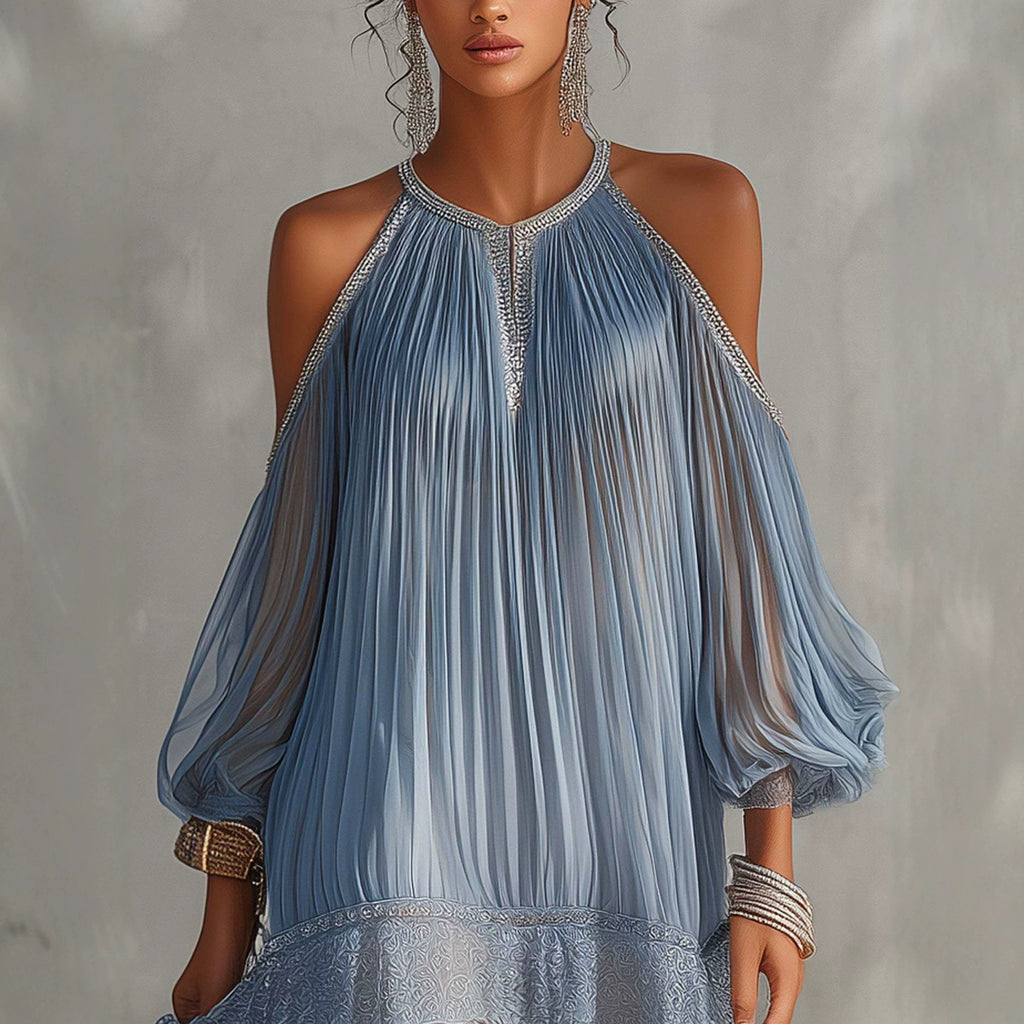 Loose-fit Puff-sleeved Lace-trimmed Resort Beach Mini Dress