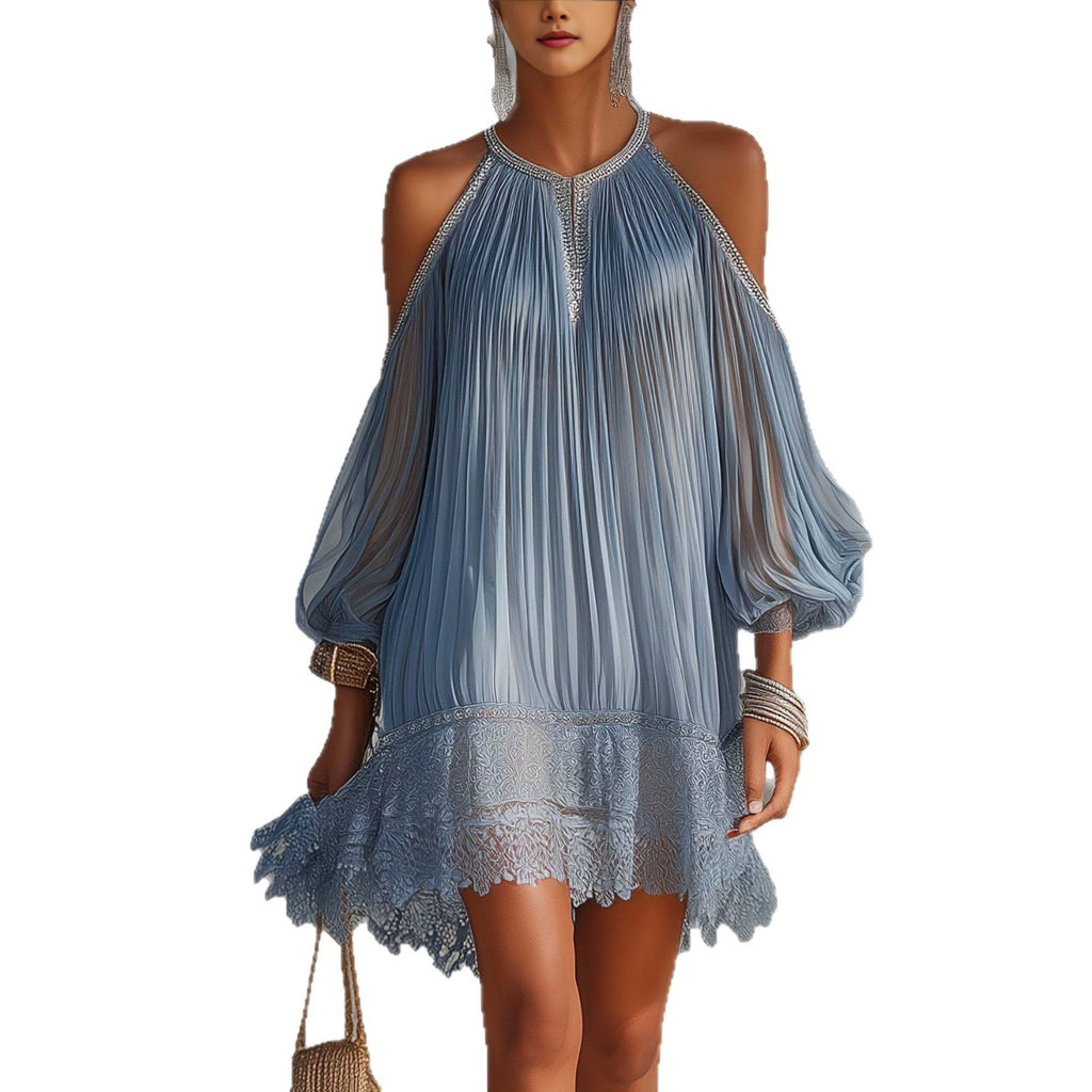 Loose-fit Puff-sleeved Lace-trimmed Resort Beach Mini Dress