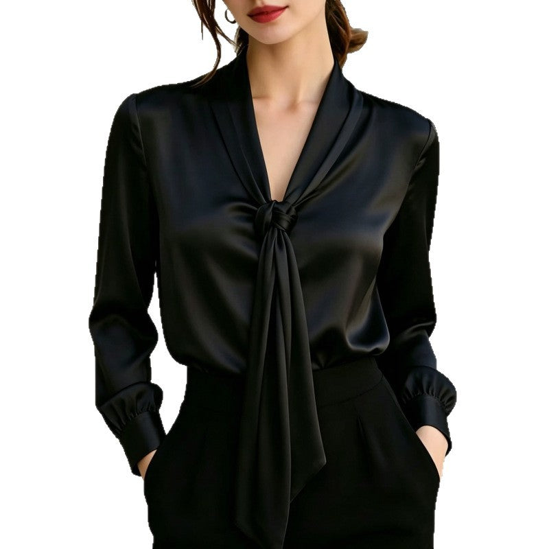 Satin Ribbon V-Neck Knotted Long-Sleeve Shirt for Women