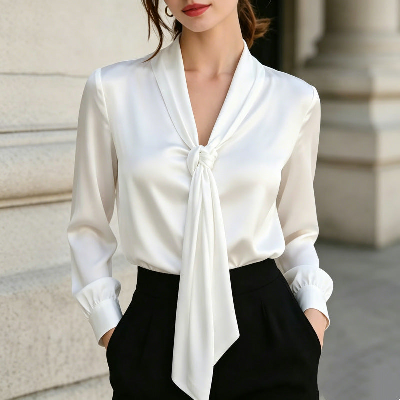 Satin Ribbon V-Neck Knotted Long-Sleeve Shirt for Women