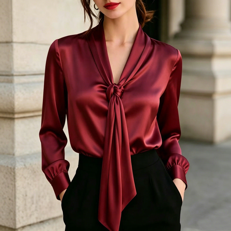 Satin Ribbon V-Neck Knotted Long-Sleeve Shirt for Women
