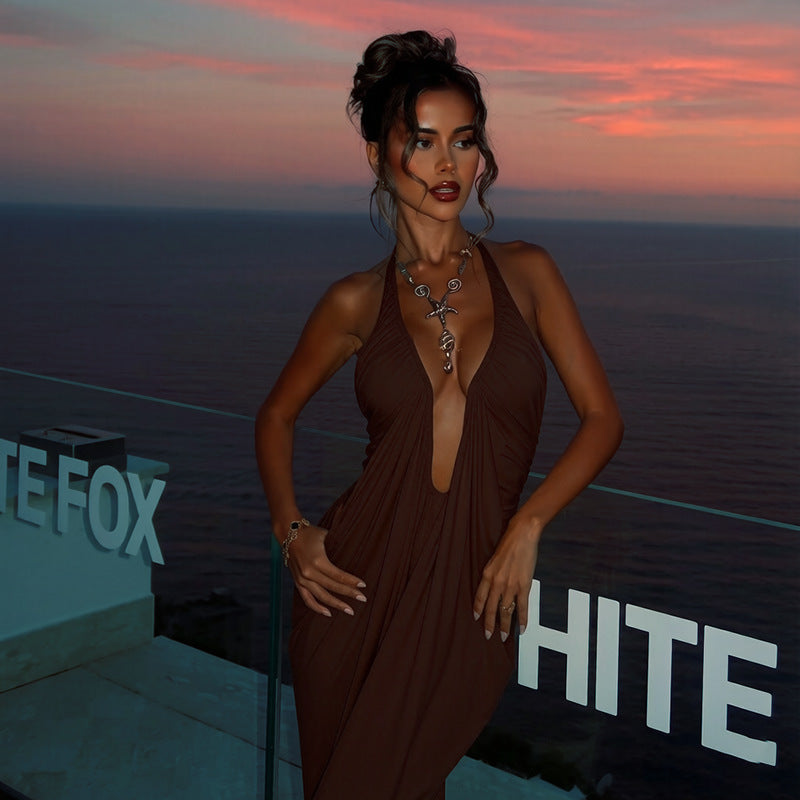 Womens SummerAutumn Solid-Color Deep-V Backless Dress