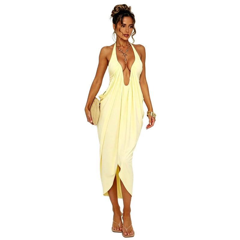Womens SummerAutumn Solid-Color Deep-V Backless Dress