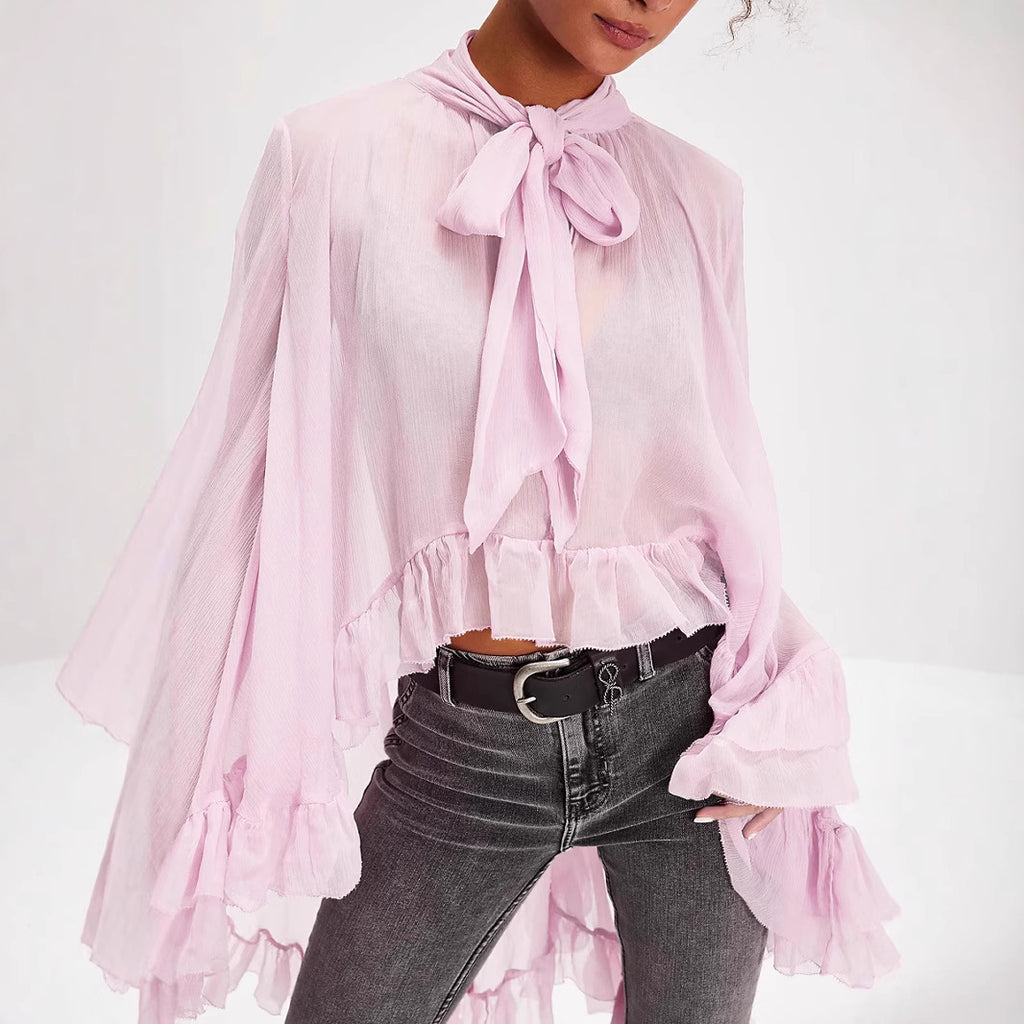 Puff-sleeve Designer-style French Lace-up Blouse