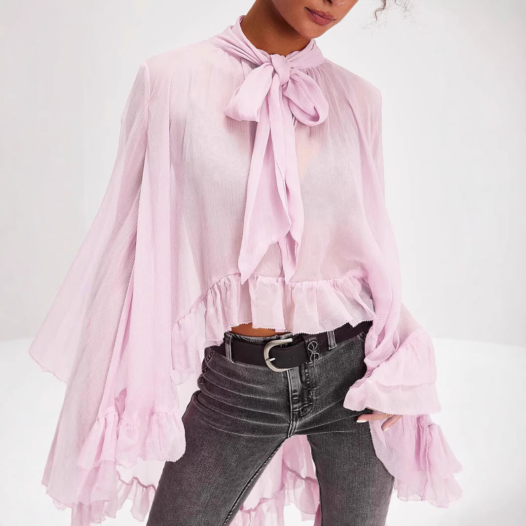 Puff-sleeve Designer-style French Lace-up Blouse