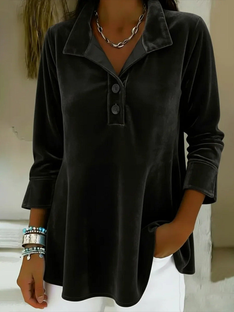 Womens Elegant Stand-Collar Button-Up Velvet Top