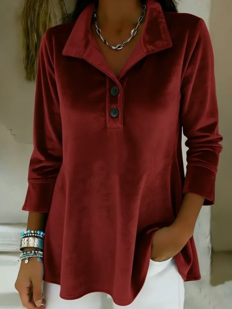 Womens Elegant Stand-Collar Button-Up Velvet Top