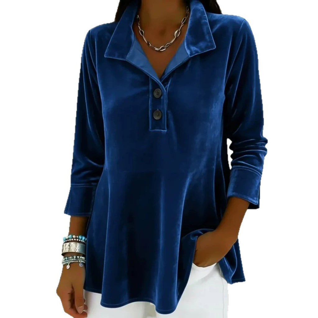 Womens Elegant Stand-Collar Button-Up Velvet Top