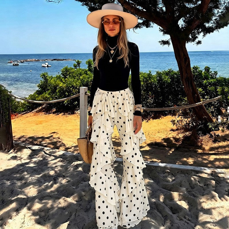 Womens Lace-Up Patchwork Polka-Dot Flounce-Trim Cropped Pants