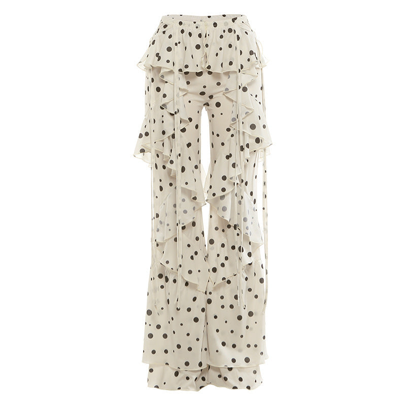 Womens Lace-Up Patchwork Polka-Dot Flounce-Trim Cropped Pants