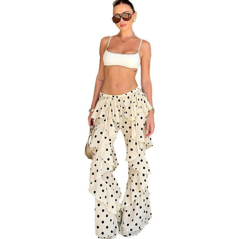 Womens Lace-Up Patchwork Polka-Dot Flounce-Trim Cropped Pants
