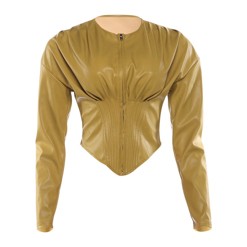 Womens Zip-up Short Jacket with Long Sleeves & Crew Neck