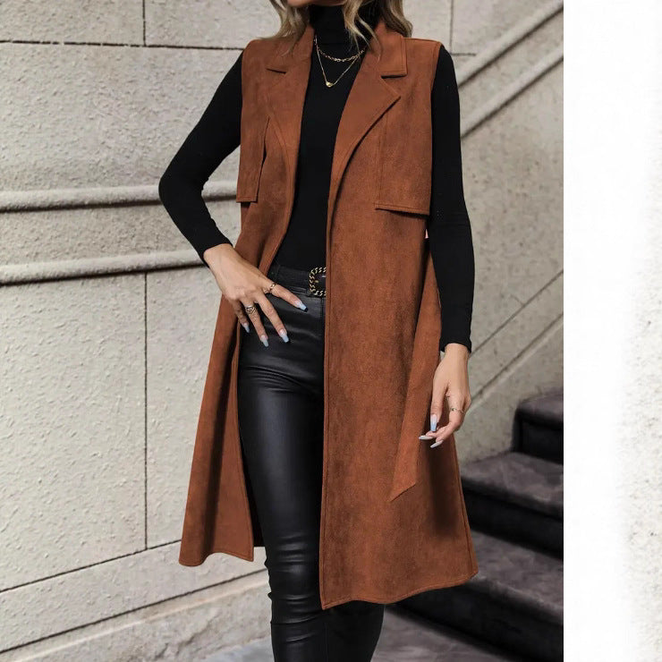 Lace Up Long Vest with Electric Flip Collar - Buckle Free