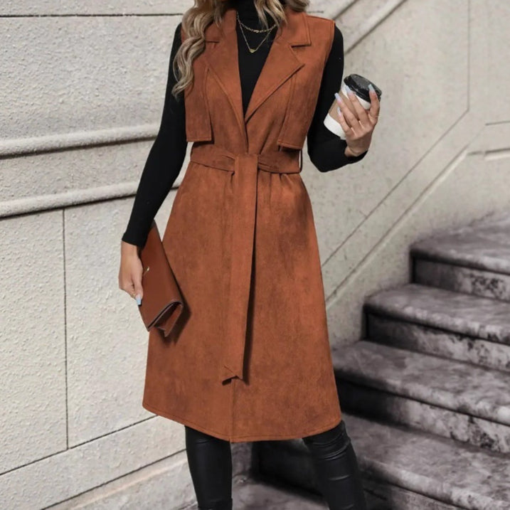 Lace Up Long Vest with Electric Flip Collar - Buckle Free