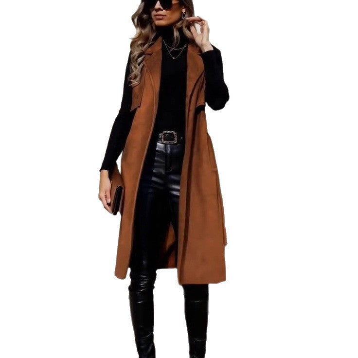 Lace Up Long Vest with Electric Flip Collar - Buckle Free