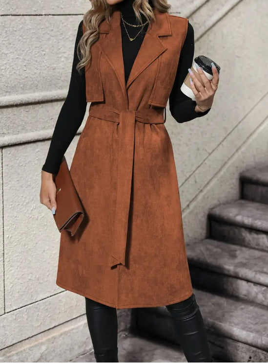 Lace Up Long Vest with Electric Flip Collar - Buckle Free