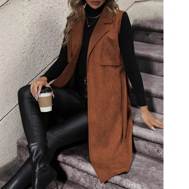 Lace Up Long Vest with Electric Flip Collar - Buckle Free