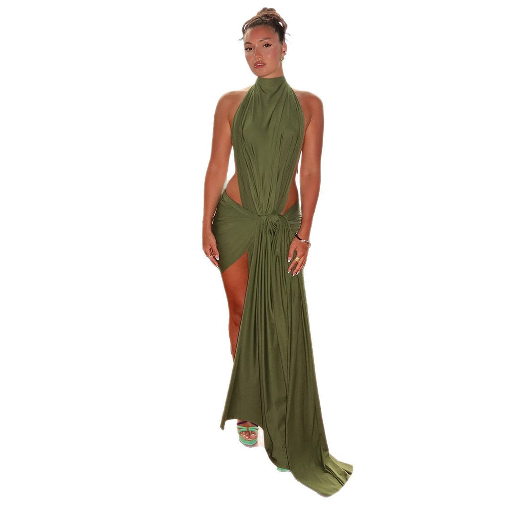 Womens Halter-Neck Lace-Up Elegant Bodycon Dress