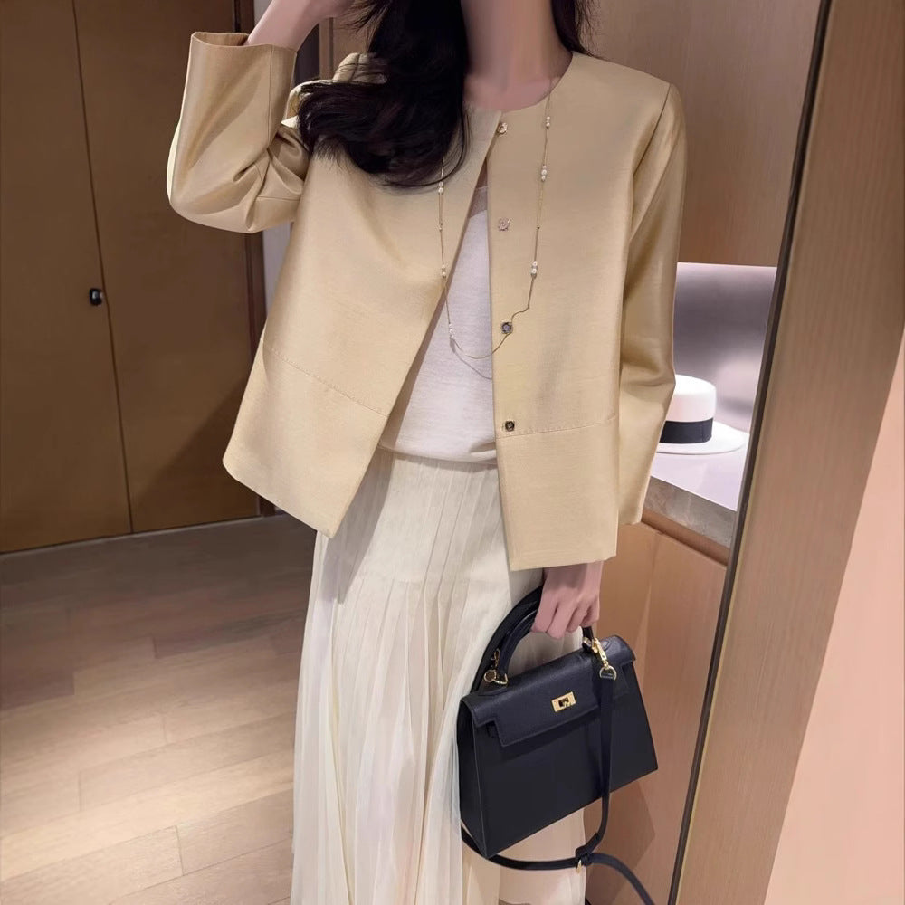 Womens Short Silk-Wool Long-Sleeve Jacket for Comfort