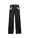 Red-edged Floral Denim Jeans for Women - Slim A-line Fit