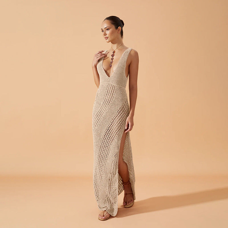 European & American Solid-color Sexy V-neck Beach Dress