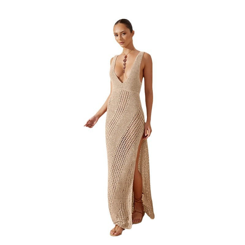 European & American Solid-color Sexy V-neck Beach Dress
