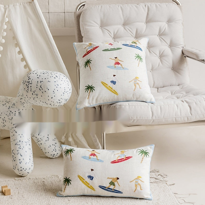 Summer Ocean Surf Embroidered Cotton Pillow Cover