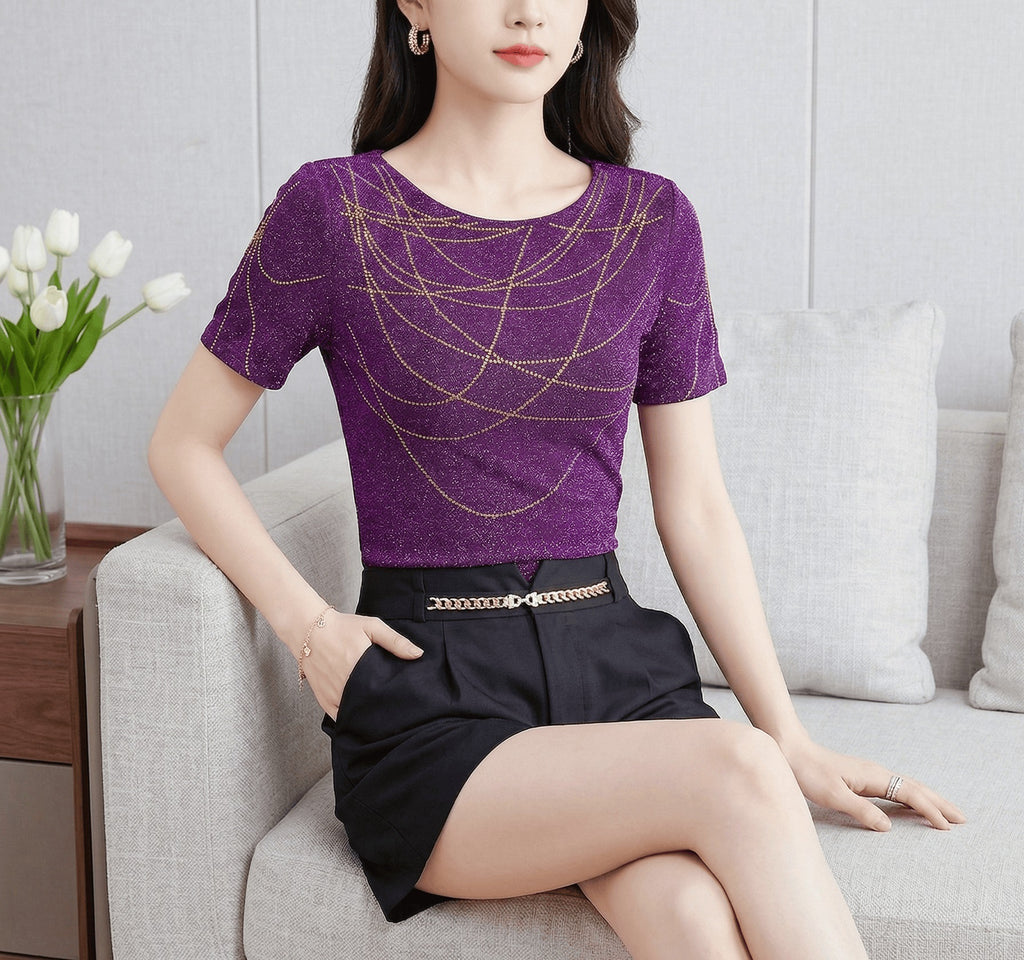 Round-neck Sparkly Rhinestone High-stretch Mesh T-shirt