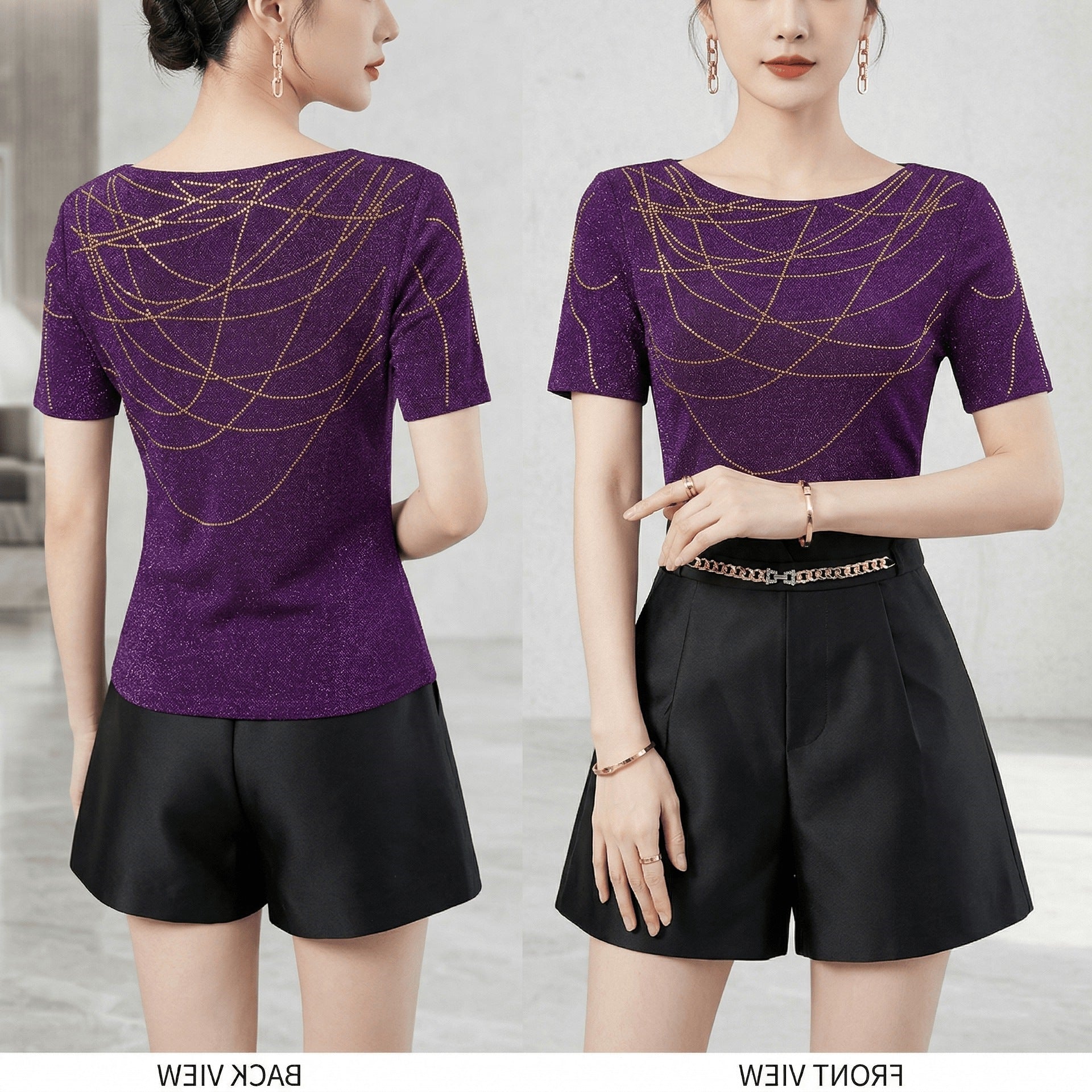Round-neck Sparkly Rhinestone High-stretch Mesh T-shirt