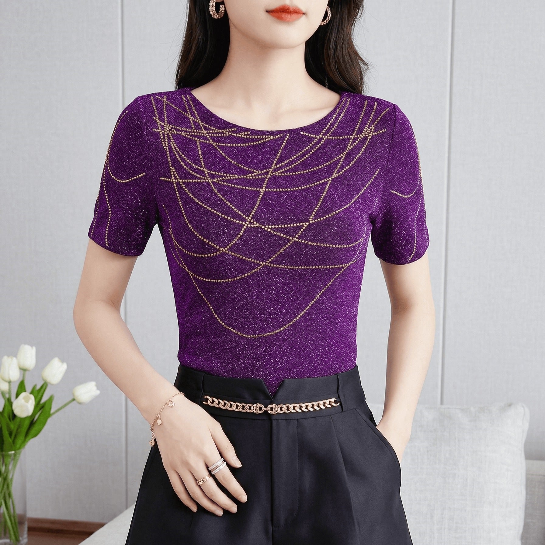 Round-neck Sparkly Rhinestone High-stretch Mesh T-shirt