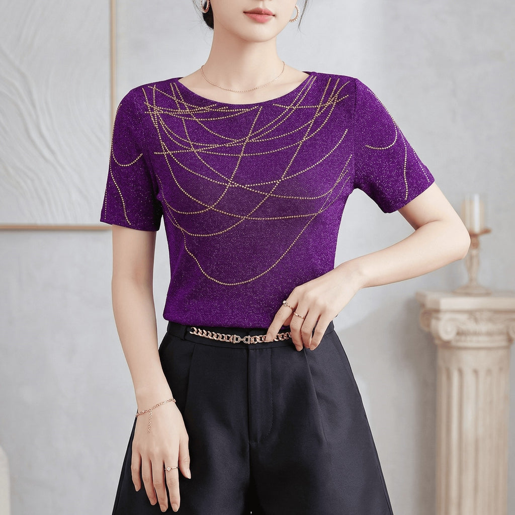 Round-neck Sparkly Rhinestone High-stretch Mesh T-shirt