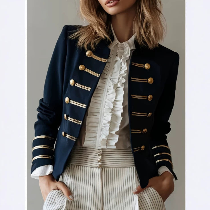 Navy-style Gold-striped Buttoned Jacket for Chic Outfits