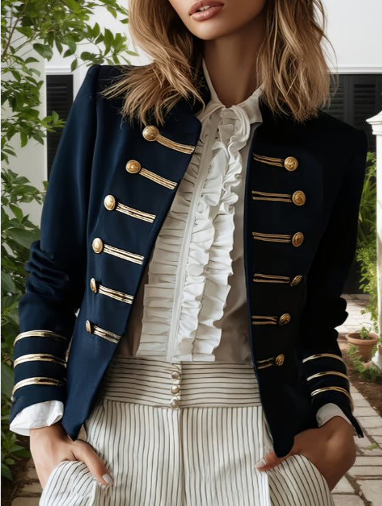 Navy-style Gold-striped Buttoned Jacket for Chic Outfits