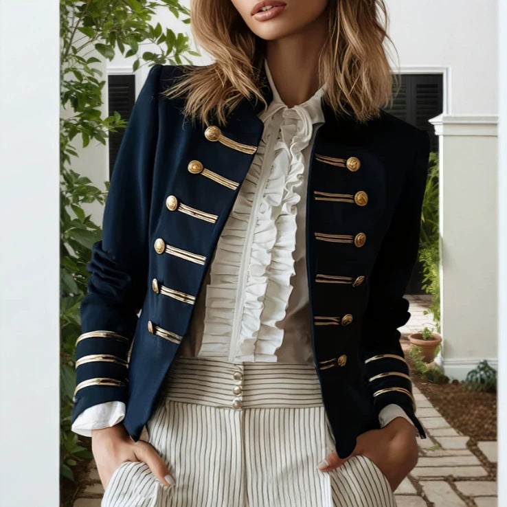 Navy-style Gold-striped Buttoned Jacket for Chic Outfits