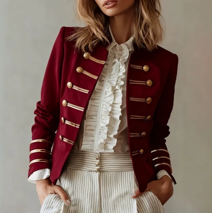 Navy-style Gold-striped Buttoned Jacket for Chic Outfits