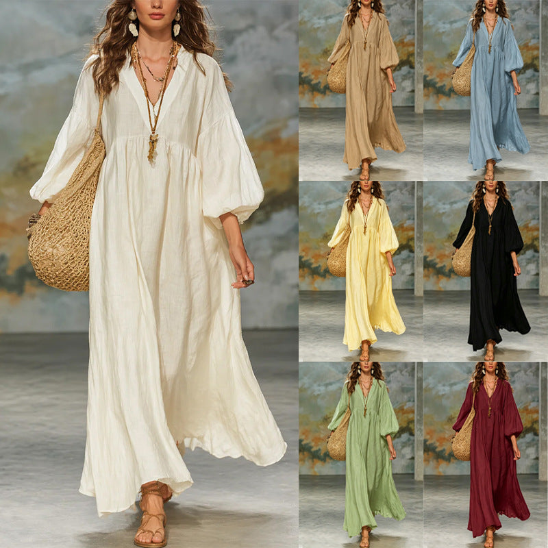 Deep-V Lantern-Sleeve Loose-Fit Flared Dress for Women